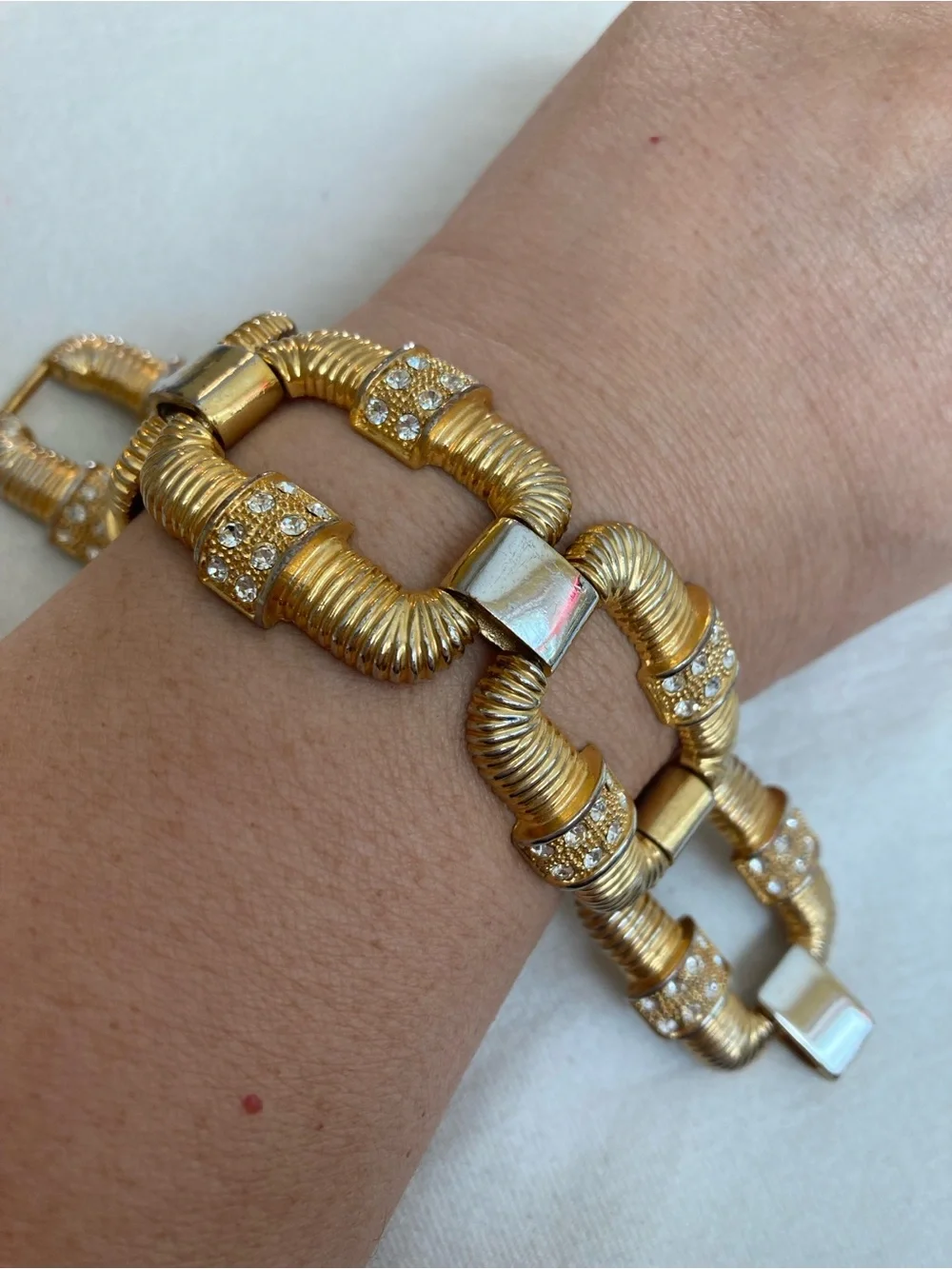 Gold Tone and Rhinestones Panel Link Vintage Bracelet